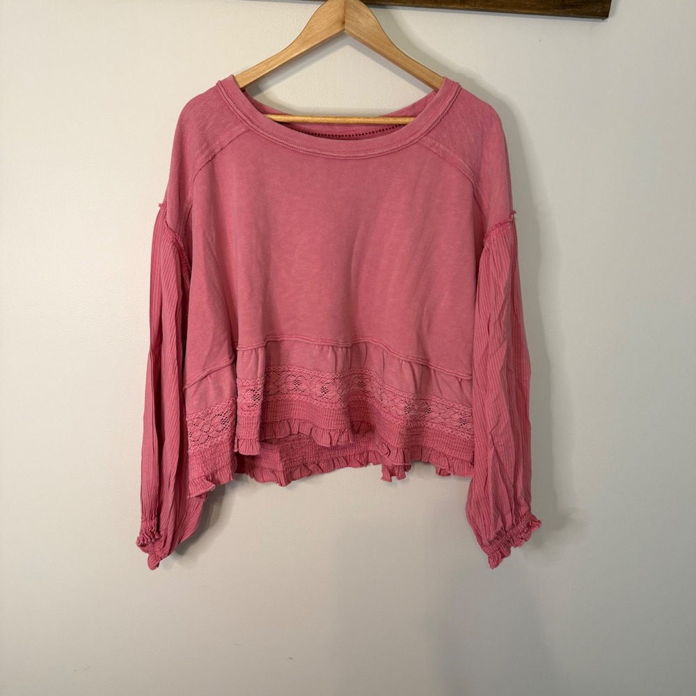 Pilcro Anthropologie Pink Mixed Media Lace Ruffle Top Medium Boho Cottagecore